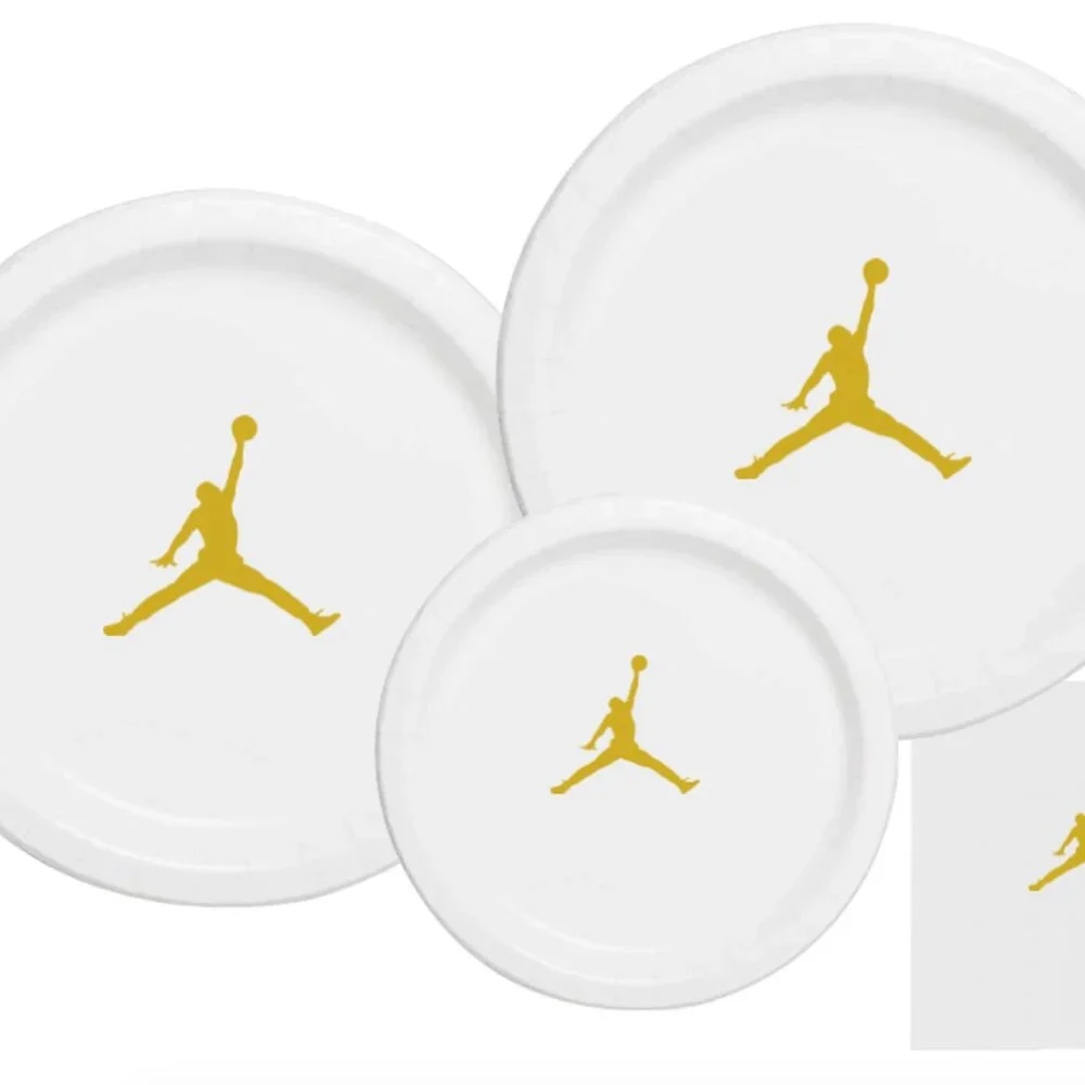White & Gold Jumpman Paper Plates | Basketball Birthday Party Supplies | 60 pcs